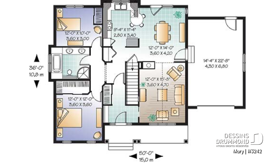 Rez-de-chaussée - Bungalow d'inspiration contemporaine, plafond cathédrale au salon, foyer central, 2 chambres, garage - Mary