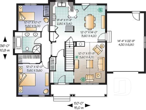 Rez-de-chaussée - Bungalow d'inspiration contemporaine, plafond cathédrale au salon, foyer central, 2 chambres, garage - Mary