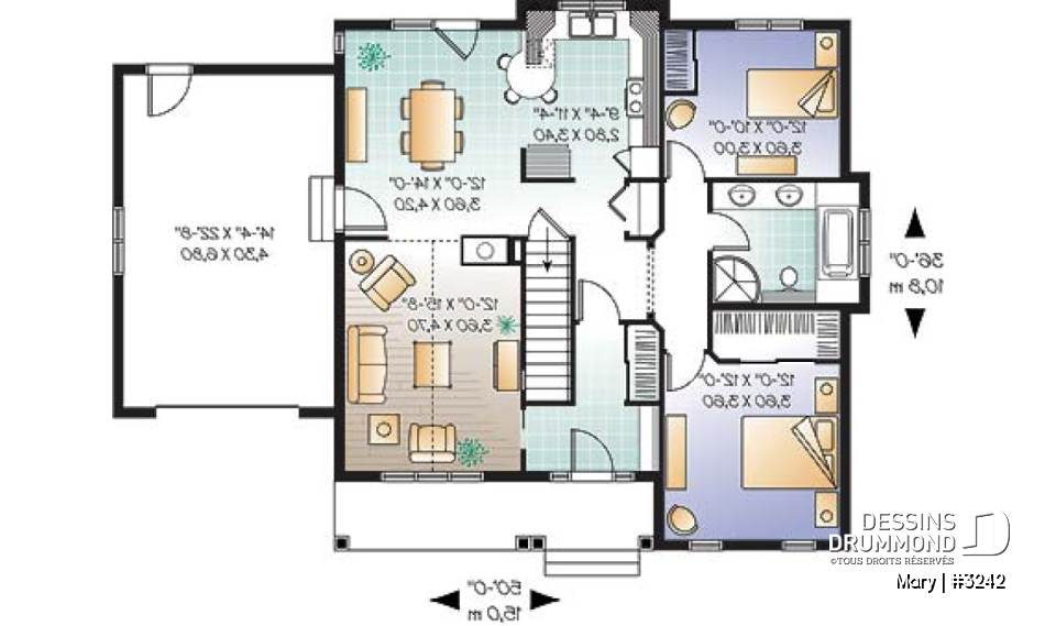 Rez-de-chaussée - Bungalow d'inspiration contemporaine, plafond cathédrale au salon, foyer central, 2 chambres, garage - Mary