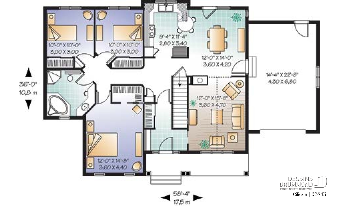 Rez-de-chaussée - Plan de plain-pied 3 chambres, plafond cathédrale, foyer mitoyen, garage - Cilican