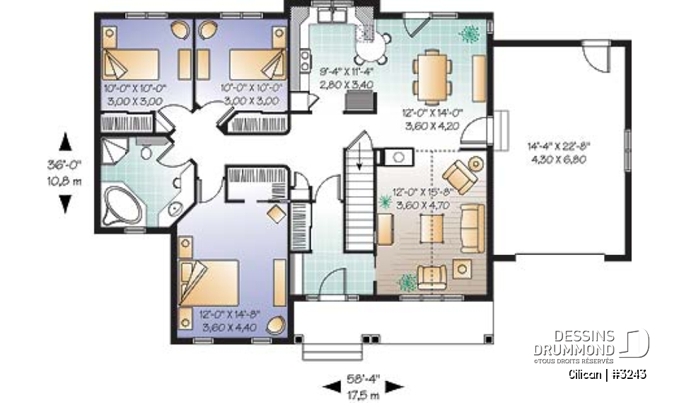 Rez-de-chaussée - Plan de plain-pied 3 chambres, plafond cathédrale, foyer mitoyen, garage - Cilican