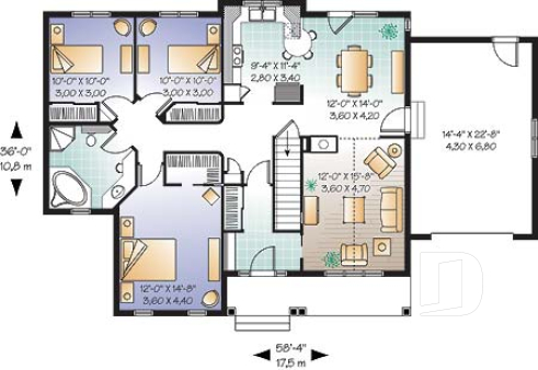 Rez-de-chaussée - Plan de plain-pied 3 chambres, plafond cathédrale, foyer mitoyen, garage - Cilican
