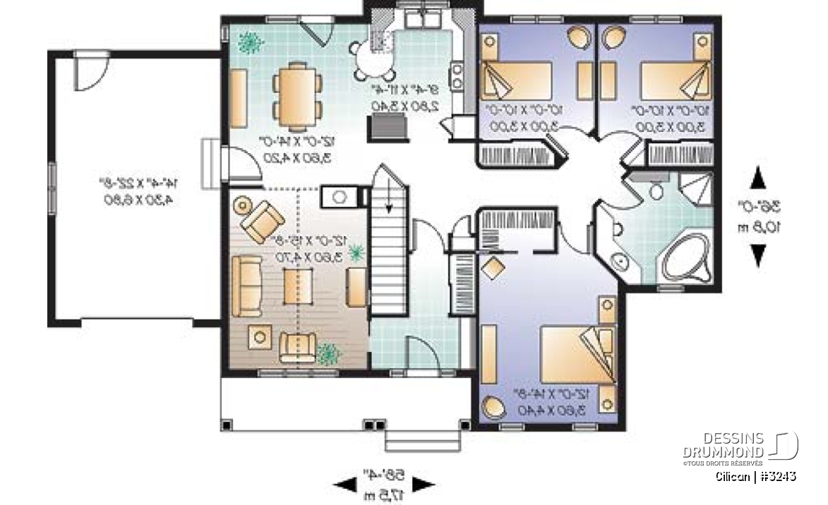 Rez-de-chaussée - Plan de plain-pied 3 chambres, plafond cathédrale, foyer mitoyen, garage - Cilican