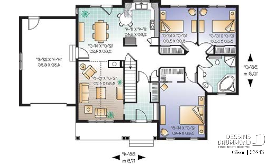Rez-de-chaussée - Plan de plain-pied 3 chambres, plafond cathédrale, foyer mitoyen, garage - Cilican