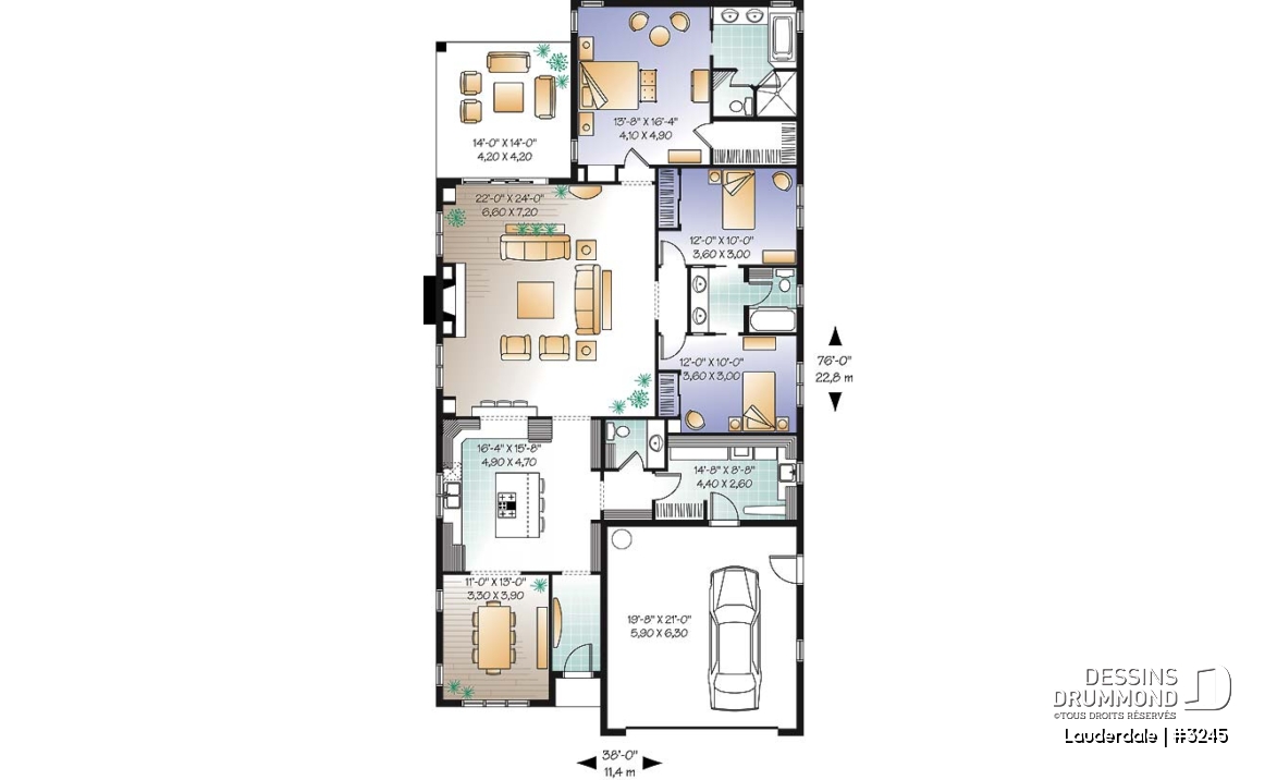 Rez-de-chaussée - Plain-pied avec garage double, 3 chambre, 3 salles de bain, grande buanderie, foyer, salle à dîner formelle - Lauderdale