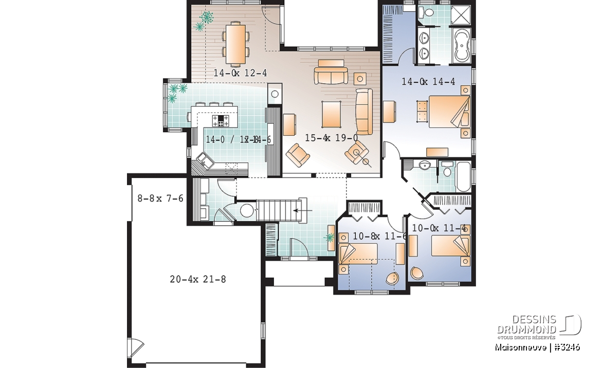 Rez-de-chaussée - Plain-pied style américain, garage double avec boni, 3 chambres, 2 s.d.b, grande cuisine, foyer central - Maisonneuve