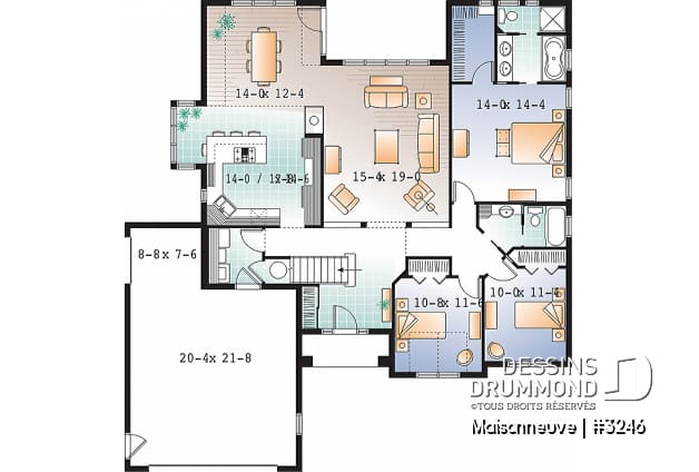 Rez-de-chaussée - Plain-pied style américain, garage double avec boni, 3 chambres, 2 s.d.b, grande cuisine, foyer central - Maisonneuve