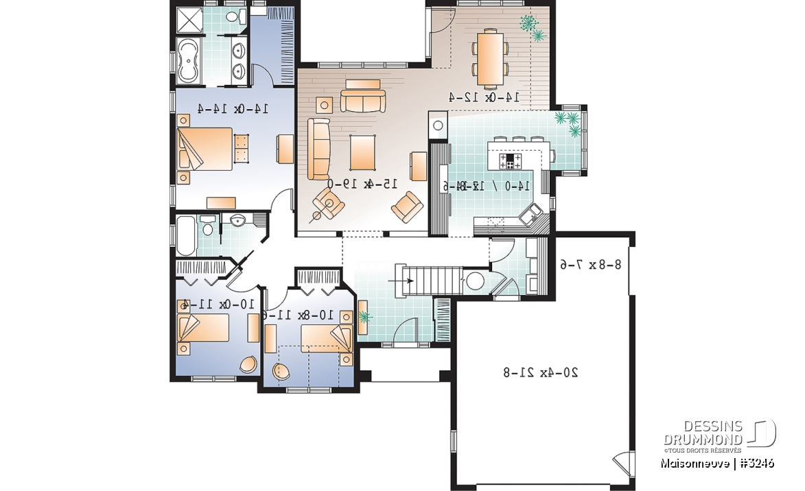 Rez-de-chaussée - Plain-pied style américain, garage double avec boni, 3 chambres, 2 s.d.b, grande cuisine, foyer central - Maisonneuve