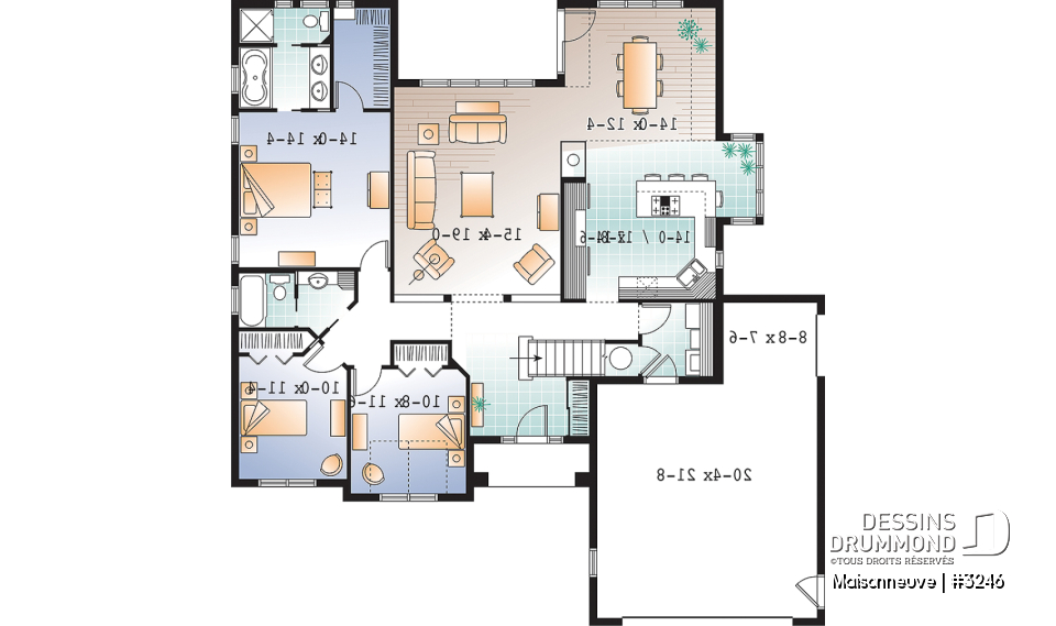 Rez-de-chaussée - Plain-pied style américain, garage double avec boni, 3 chambres, 2 s.d.b, grande cuisine, foyer central - Maisonneuve