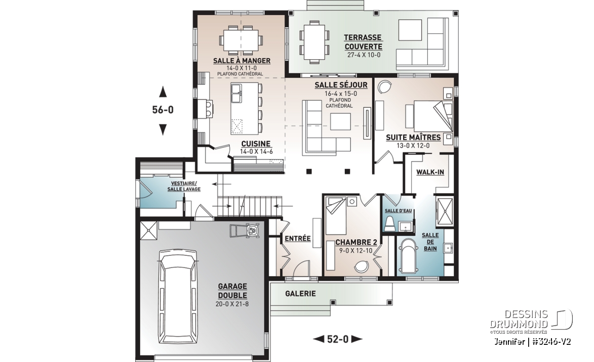 Rez-de-chaussée - Plan de plain-pied avec garage double, cuisine et salon aménagés à l'arrière, grande terrasse abritée - Jennifer