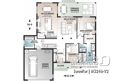 Rez-de-chaussée - Plan de plain-pied avec garage double, cuisine et salon aménagés à l'arrière, grande terrasse abritée - Jennifer