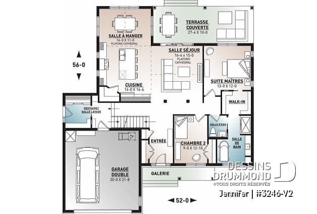 Rez-de-chaussée - Plan de plain-pied avec garage double, cuisine et salon aménagés à l'arrière, grande terrasse abritée - Jennifer