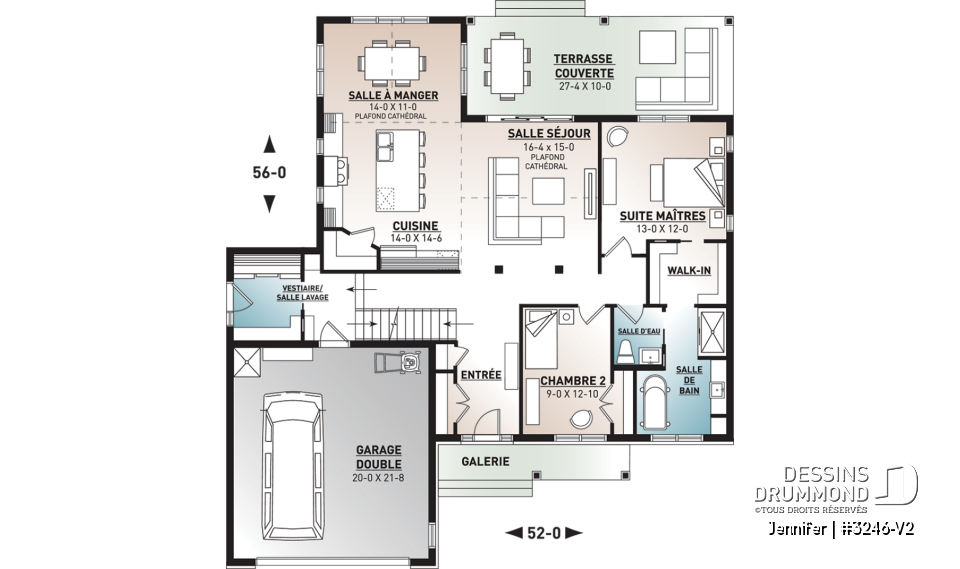 Rez-de-chaussée - Plan de plain-pied avec garage double, cuisine et salon aménagés à l'arrière, grande terrasse abritée - Jennifer