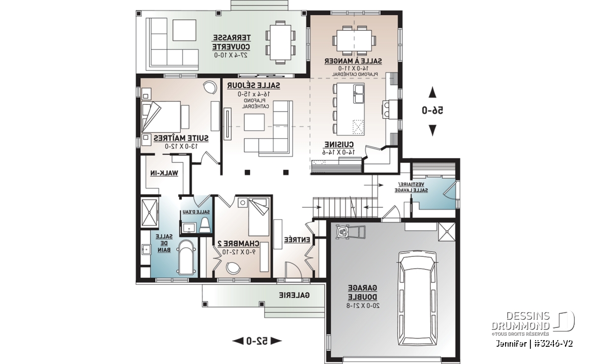 Rez-de-chaussée - Plan de plain-pied avec garage double, cuisine et salon aménagés à l'arrière, grande terrasse abritée - Jennifer