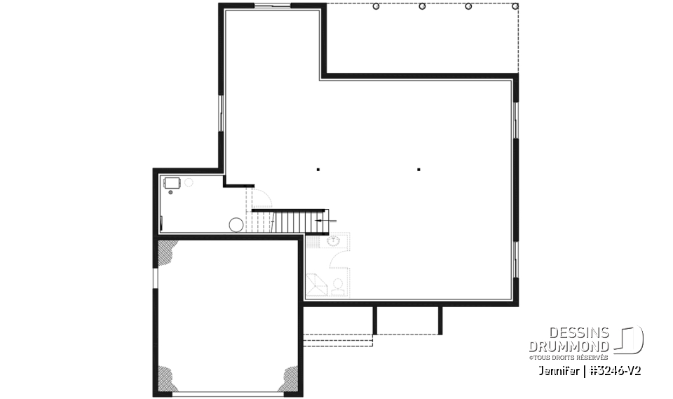 Sous-sol - Plan de plain-pied avec garage double, cuisine et salon aménagés à l'arrière, grande terrasse abritée - Jennifer