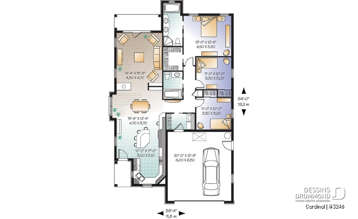 Rez-de-chaussée - Plan de plain-pied pour terrain étroit, 3 chambres, garage double, buanderie, foyer, terrasse abritée - Cardinal