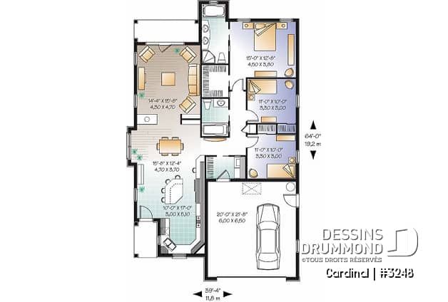 Rez-de-chaussée - Plan de plain-pied pour terrain étroit, 3 chambres, garage double, buanderie, foyer, terrasse abritée - Cardinal