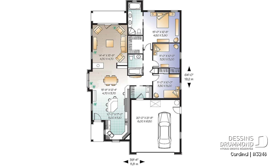 Rez-de-chaussée - Plan de plain-pied pour terrain étroit, 3 chambres, garage double, buanderie, foyer, terrasse abritée - Cardinal