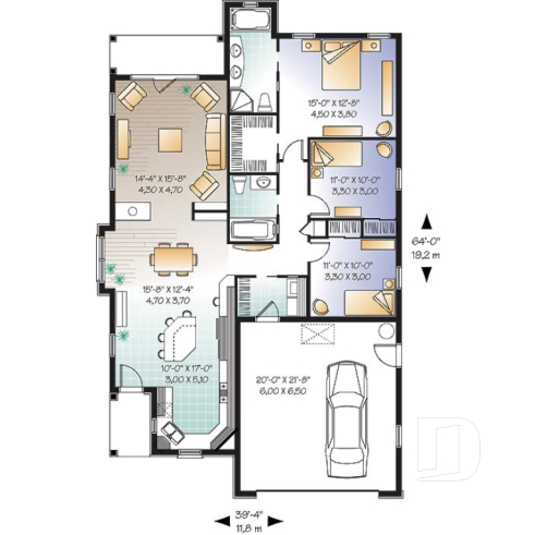 Rez-de-chaussée - Plan de plain-pied pour terrain étroit, 3 chambres, garage double, buanderie, foyer, terrasse abritée - Cardinal