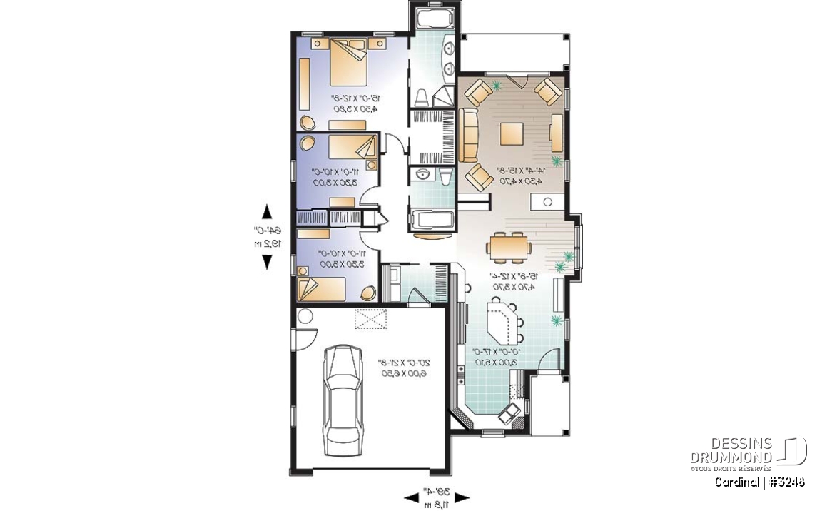 Rez-de-chaussée - Plan de plain-pied pour terrain étroit, 3 chambres, garage double, buanderie, foyer, terrasse abritée - Cardinal