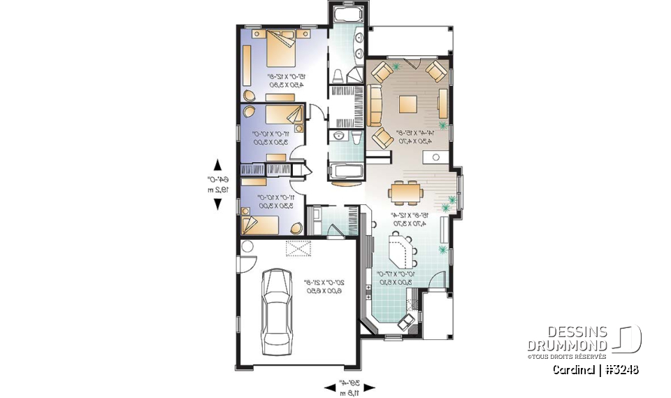 Rez-de-chaussée - Plan de plain-pied pour terrain étroit, 3 chambres, garage double, buanderie, foyer, terrasse abritée - Cardinal