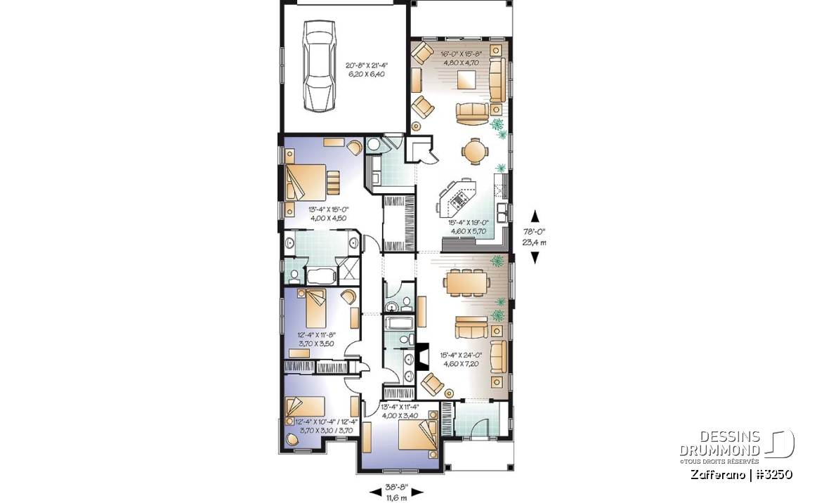 Rez-de-chaussée - Plan de plain-pied 4 chambres, 2 salles familiales, garage à l'arrière - Zafferano