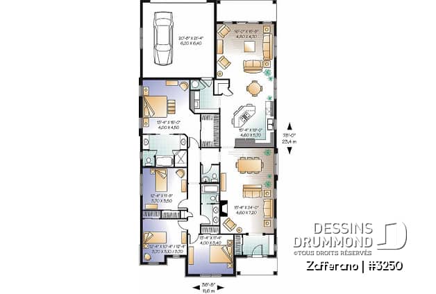 Rez-de-chaussée - Plan de plain-pied 4 chambres, 2 salles familiales, garage à l'arrière - Zafferano
