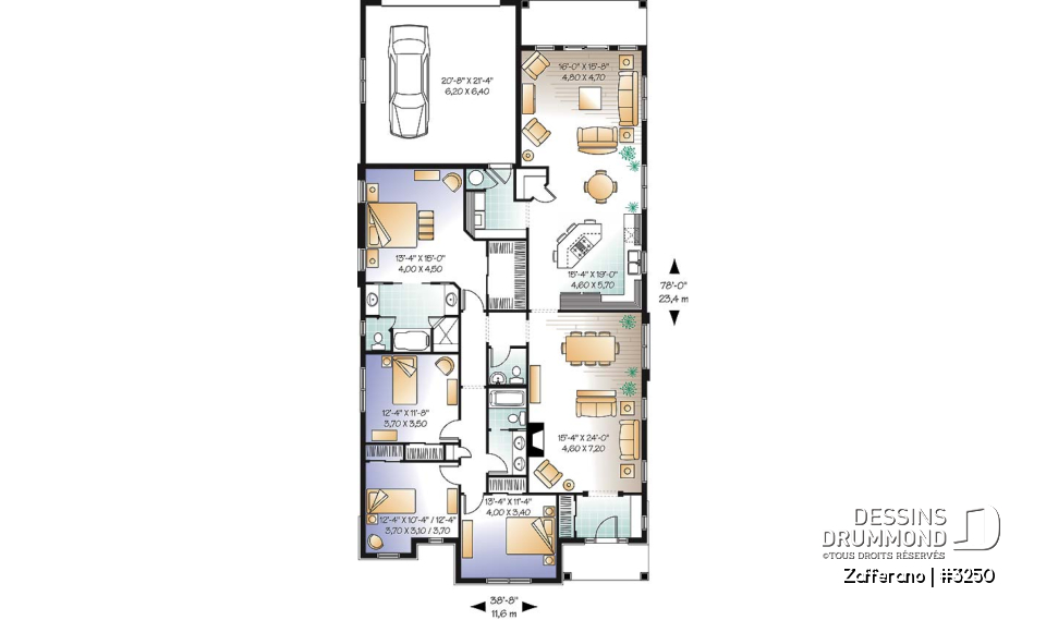 Rez-de-chaussée - Plan de plain-pied 4 chambres, 2 salles familiales, garage à l'arrière - Zafferano