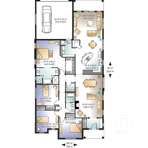 Rez-de-chaussée - Plan de plain-pied 4 chambres, 2 salles familiales, garage à l'arrière - Zafferano