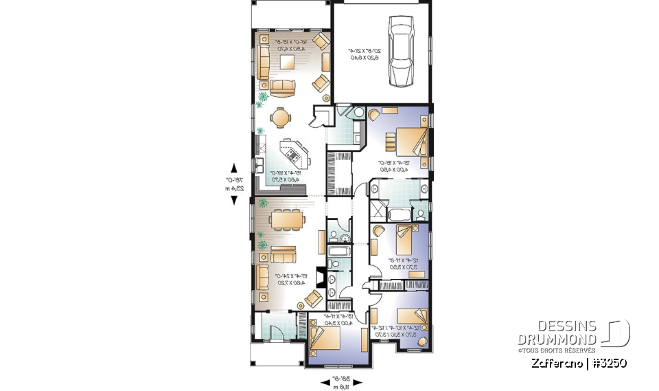 Rez-de-chaussée - Plan de plain-pied 4 chambres, 2 salles familiales, garage à l'arrière - Zafferano