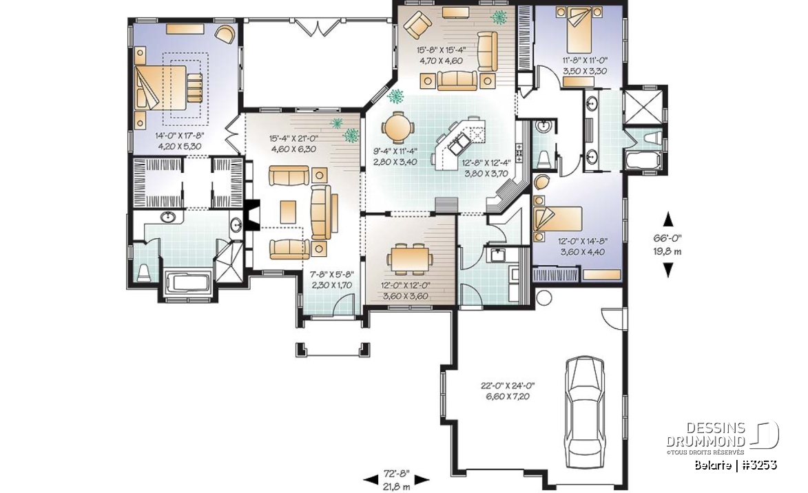 Rez-de-chaussée - Plan de plain-pied style ranch, 3 chambres, garage double, plafond 10' à 13', patio couvert - Belarte