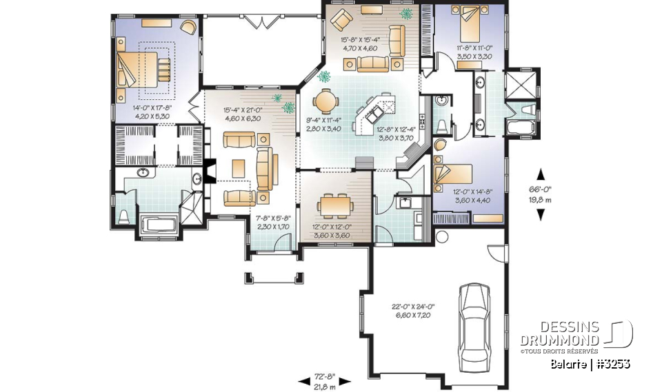 Rez-de-chaussée - Plan de plain-pied style ranch, 3 chambres, garage double, plafond 10' à 13', patio couvert - Belarte