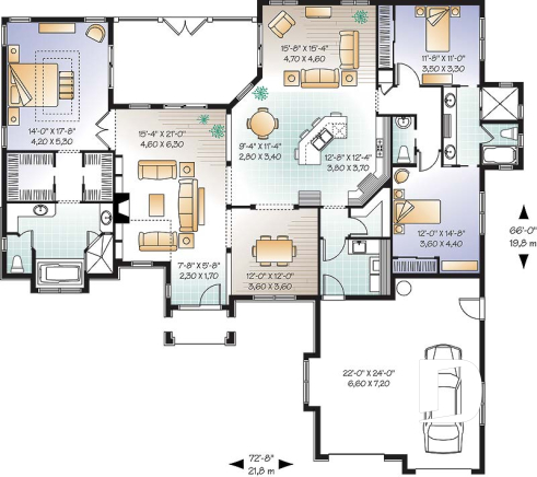 Rez-de-chaussée - Plan de plain-pied style ranch, 3 chambres, garage double, plafond 10' à 13', patio couvert - Belarte