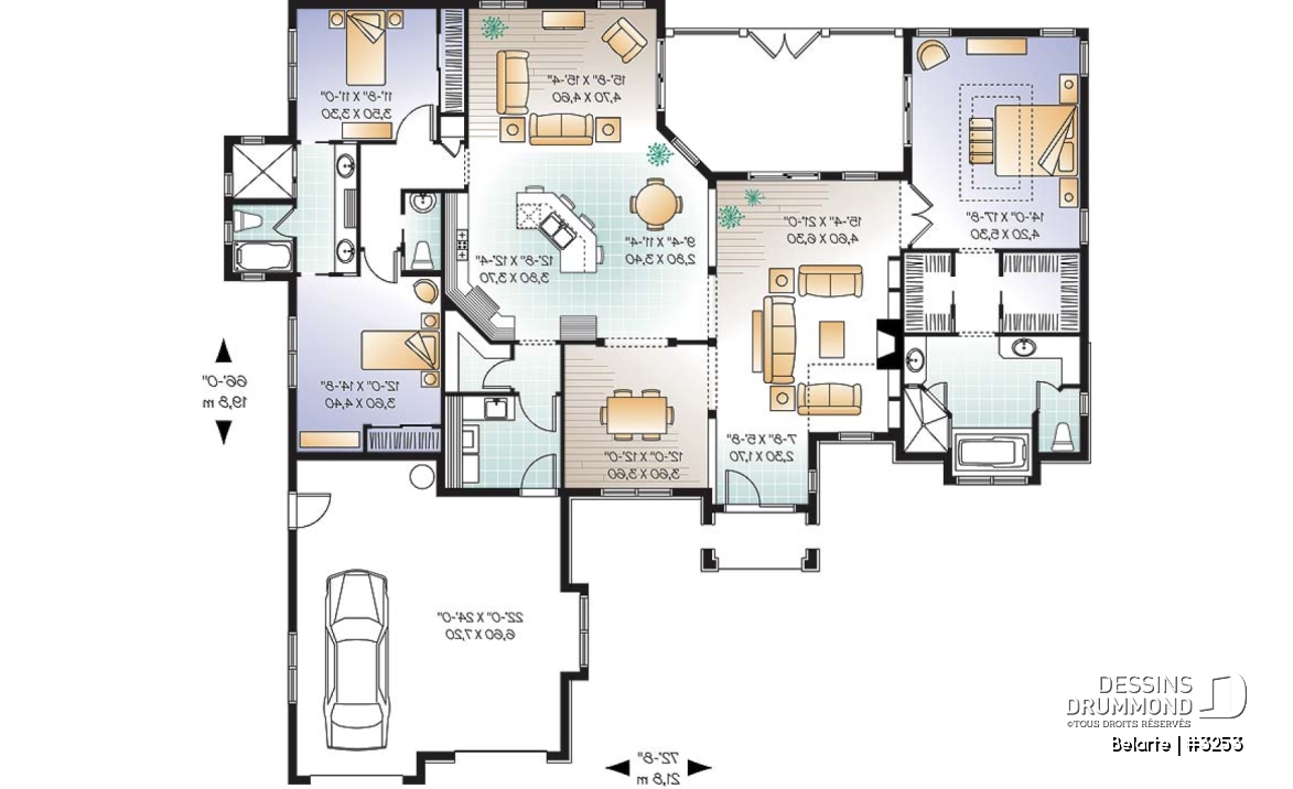 Rez-de-chaussée - Plan de plain-pied style ranch, 3 chambres, garage double, plafond 10' à 13', patio couvert - Belarte
