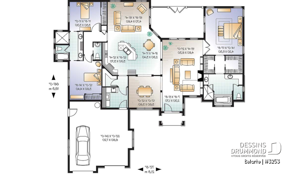 Rez-de-chaussée - Plan de plain-pied style ranch, 3 chambres, garage double, plafond 10' à 13', patio couvert - Belarte