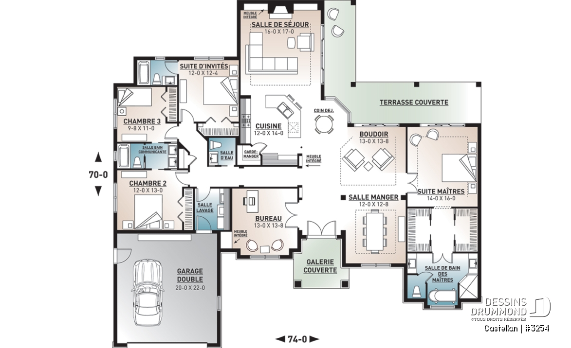 Rez-de-chaussée - Plan de maison plain-pied 4 chambres, bureau à domicile, 3.5 salles de bain, garage double - Castellan