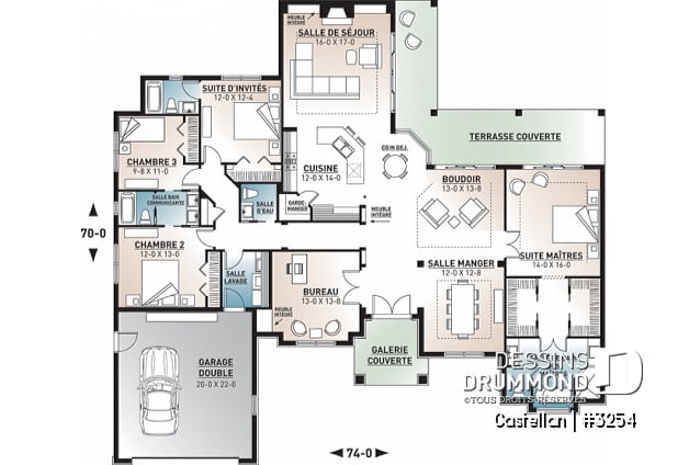 Rez-de-chaussée - Plan de maison plain-pied 4 chambres, bureau à domicile, 3.5 salles de bain, garage double - Castellan