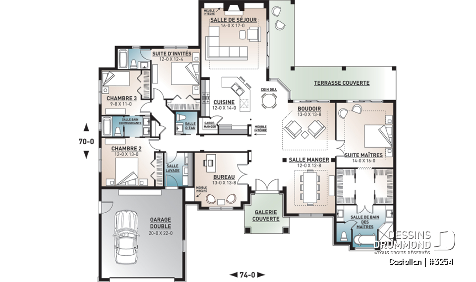 Rez-de-chaussée - Plan de maison plain-pied 4 chambres, bureau à domicile, 3.5 salles de bain, garage double - Castellan
