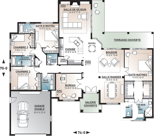 Rez-de-chaussée - Plan de maison plain-pied 4 chambres, bureau à domicile, 3.5 salles de bain, garage double - Castellan