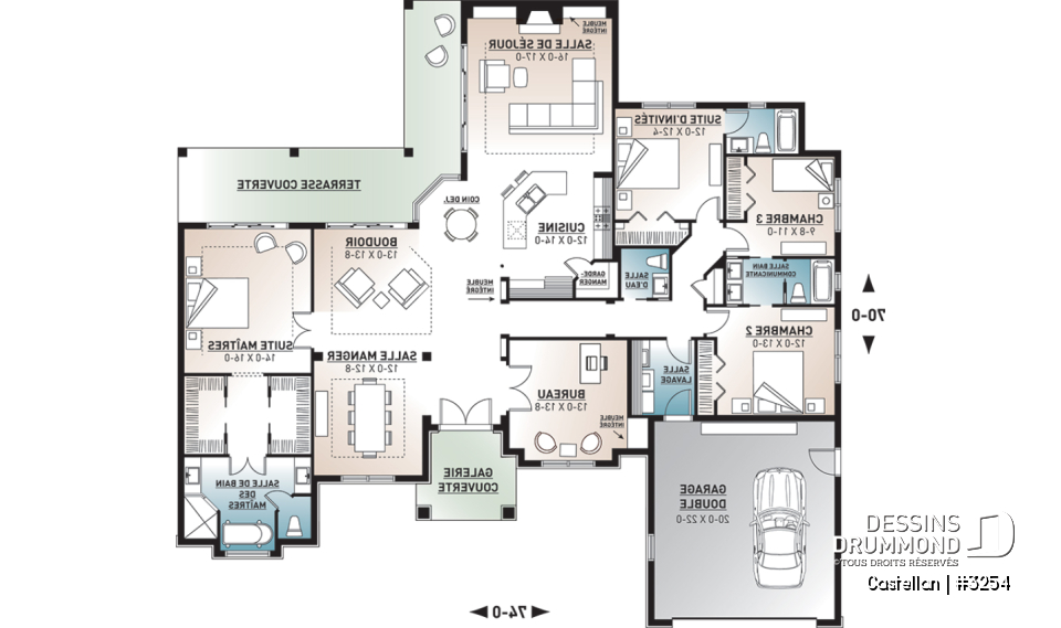 Rez-de-chaussée - Plan de maison plain-pied 4 chambres, bureau à domicile, 3.5 salles de bain, garage double - Castellan