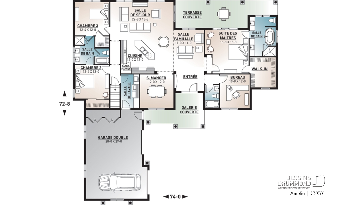 Rez-de-chaussée - Plan de maison 1 étage, 3 à 4 chambres, garage double, espace boni, grande chambre des maîtres, bureau - Amélia