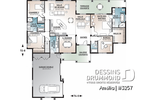 Rez-de-chaussée - Plan de maison 1 étage, 3 à 4 chambres, garage double, espace boni, grande chambre des maîtres, bureau - Amélia
