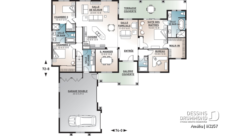 Rez-de-chaussée - Plan de maison 1 étage, 3 à 4 chambres, garage double, espace boni, grande chambre des maîtres, bureau - Amélia