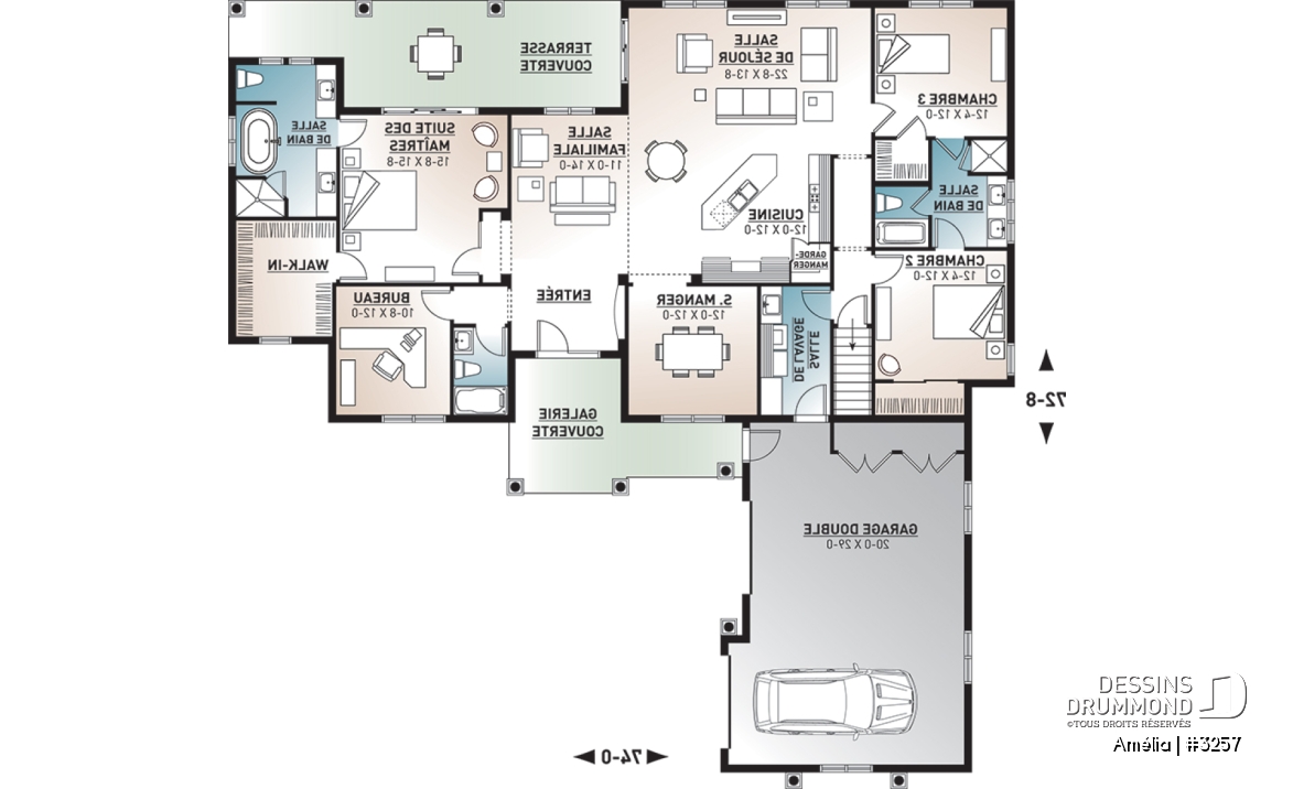 Rez-de-chaussée - Plan de maison 1 étage, 3 à 4 chambres, garage double, espace boni, grande chambre des maîtres, bureau - Amélia