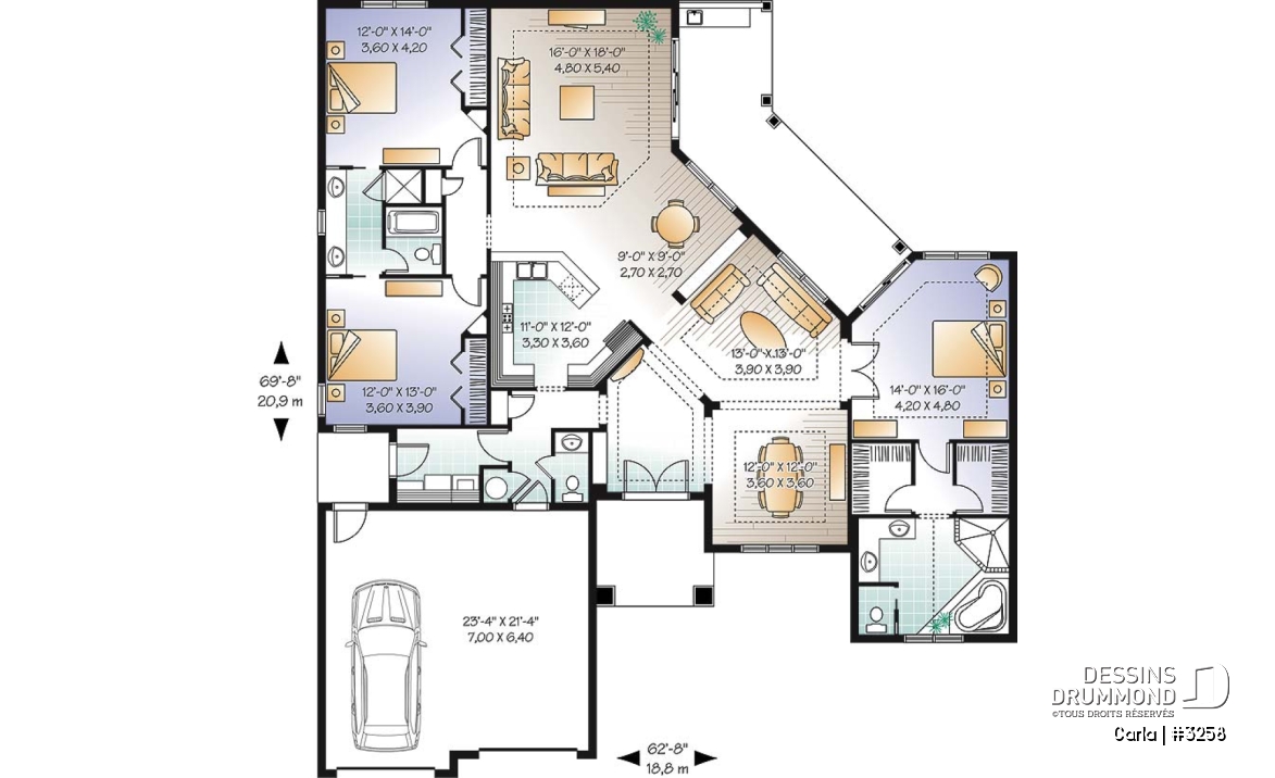 Rez-de-chaussée - Bungalow avec plafond 10', 3 chambres, 2 salons, terrasse couverte - Carla