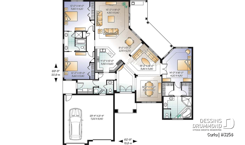 Rez-de-chaussée - Bungalow avec plafond 10', 3 chambres, 2 salons, terrasse couverte - Carla