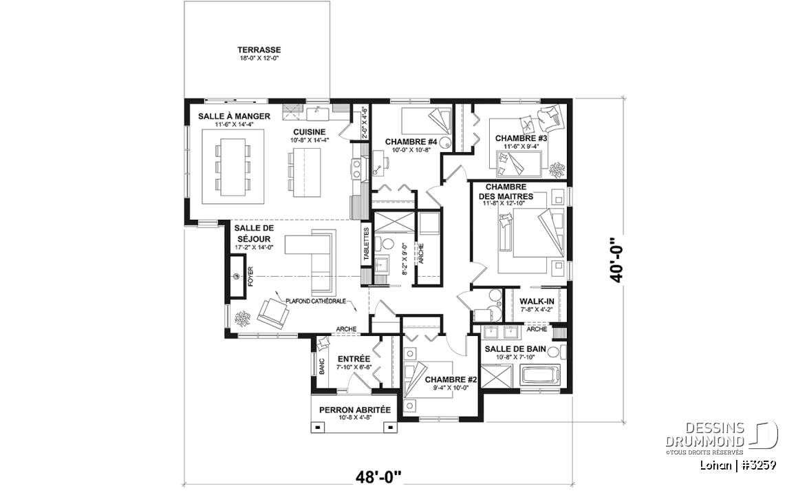 Rez-de-chaussée - Plan de maison plain-pied 4 chambres, 2 salles de bain, garde-manger et suite privée pour les parents - Lohan