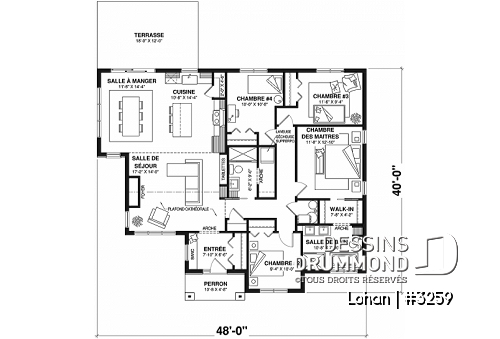 Rez-de-chaussée - Plan de maison plain-pied 4 chambres, 2 salles de bain avec garde-manger et suite privée pour les parents - Lohan