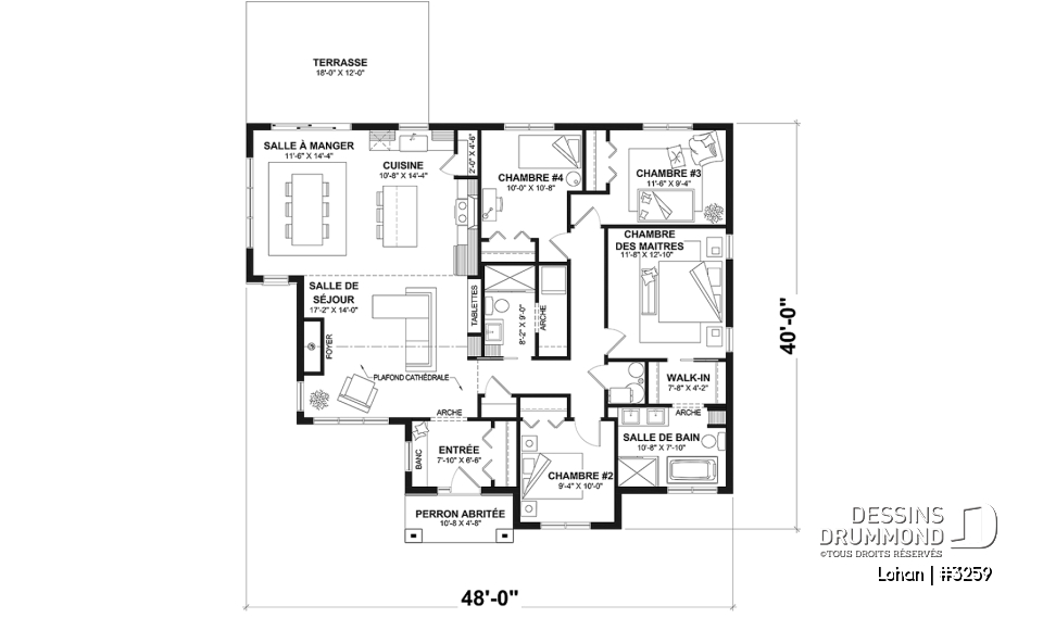 Rez-de-chaussée - Fondation dalle - Plan de maison plain-pied 4 chambres, 2 salles de bain, garde-manger et suite privée pour les parents - Lohan