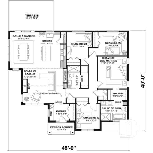 Rez-de-chaussée - Fondation dalle - Plan de maison plain-pied 4 chambres, 2 salles de bain, garde-manger et suite privée pour les parents - Lohan